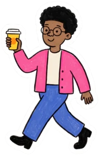 Kofi walking with a coffee