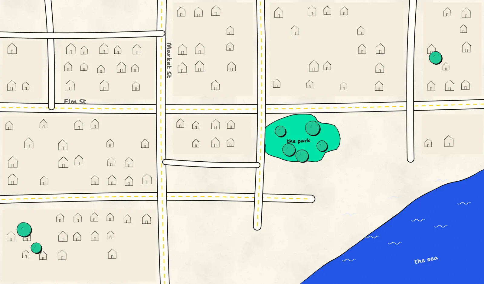 A hand-drawn map of the neighbourhood: streets, a park and the sea.