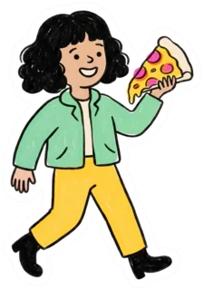 Maya walking with a slice of pizza