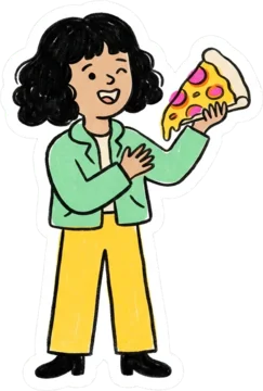 Maya with a slice of pizza