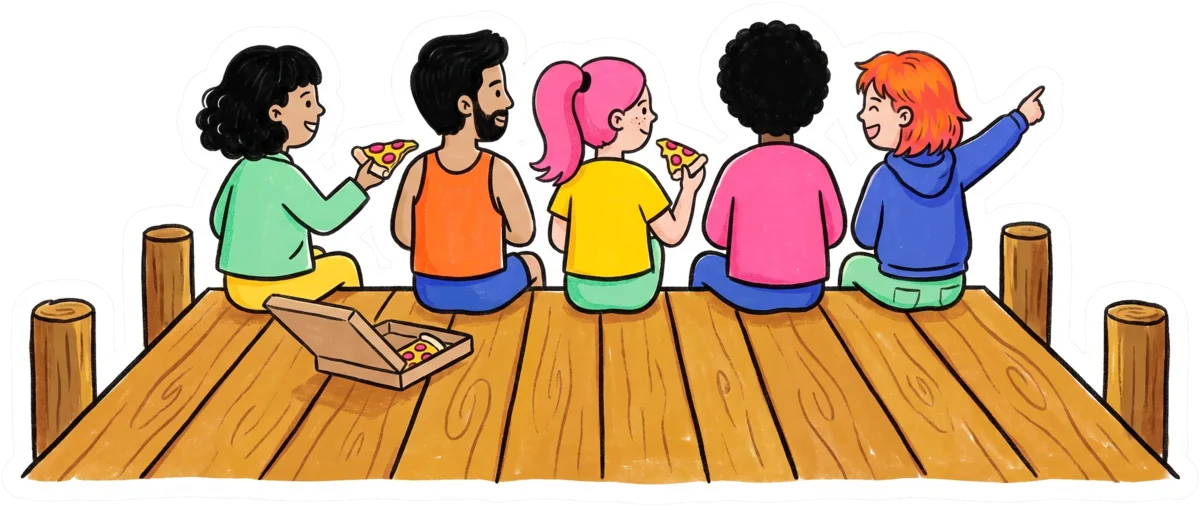 Maya, Ravi, Sam, Kofi and you, sitting together at the end of the pier, sharing Maya’s pizza and watching the sunset